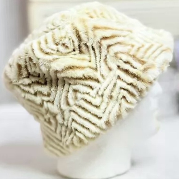 Vintage Ben Berger Womens Hat Luxury Collection Faux Fur Tan Brown Chevron Print - Picture 4 of 12